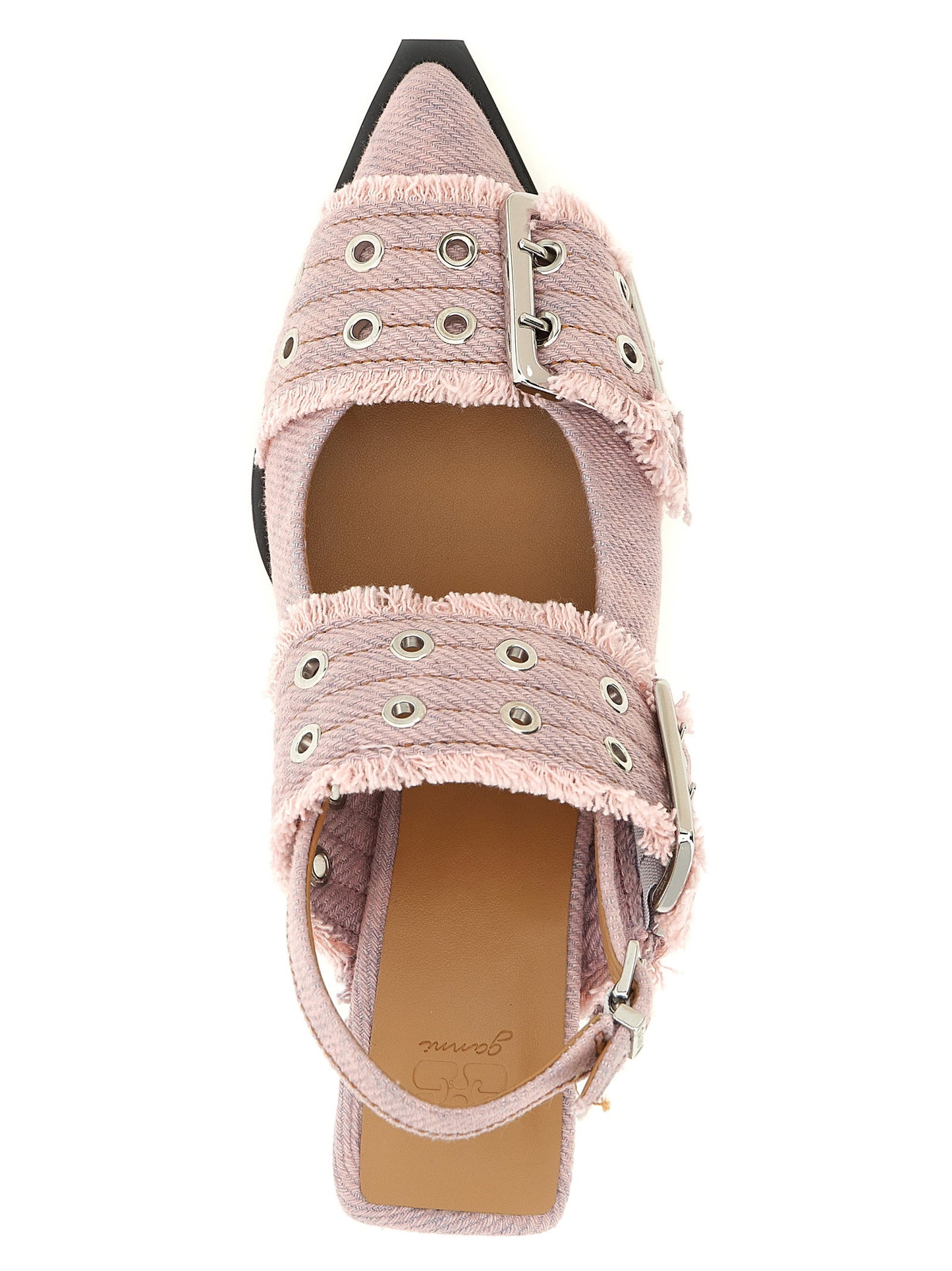 Ganni Feminine Buckle Fringed Denim Slingback