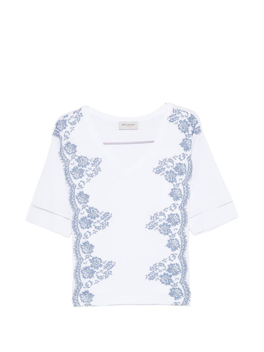 Ermanno Firenze V-neck short sleeves pointelle detailing Embroidered cotton t-shirt