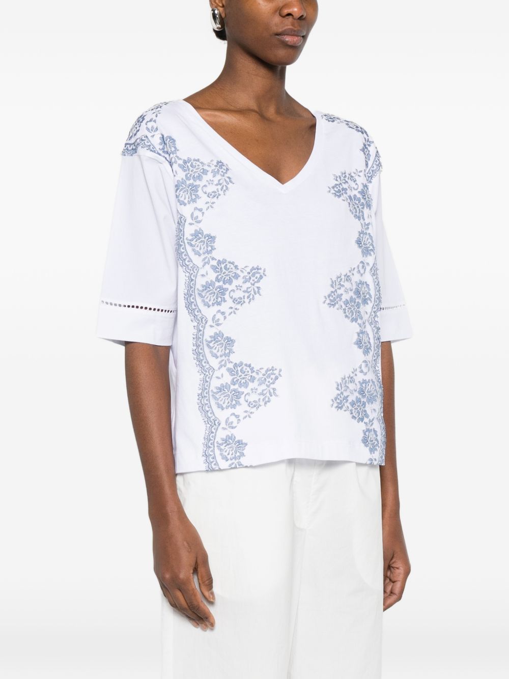 Ermanno Firenze V-neck short sleeves pointelle detailing Embroidered cotton t-shirt