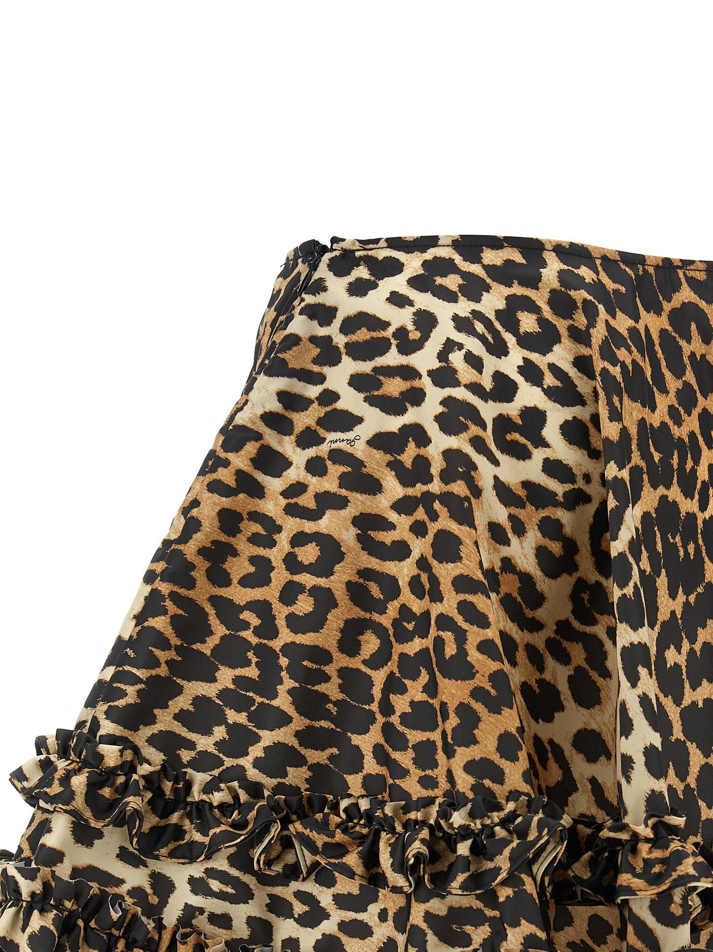 Ganni Leopard Duchesse Nylon Mini Frill Skirt