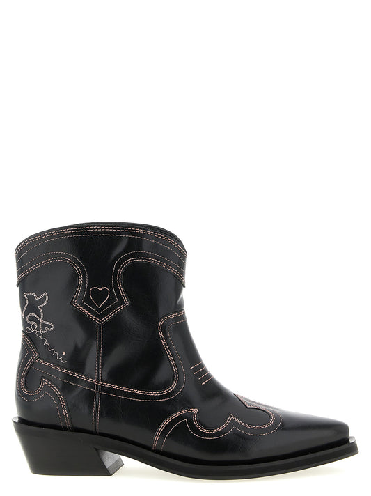 Ganni Low Shaft Embroidered Western Ankle Boots