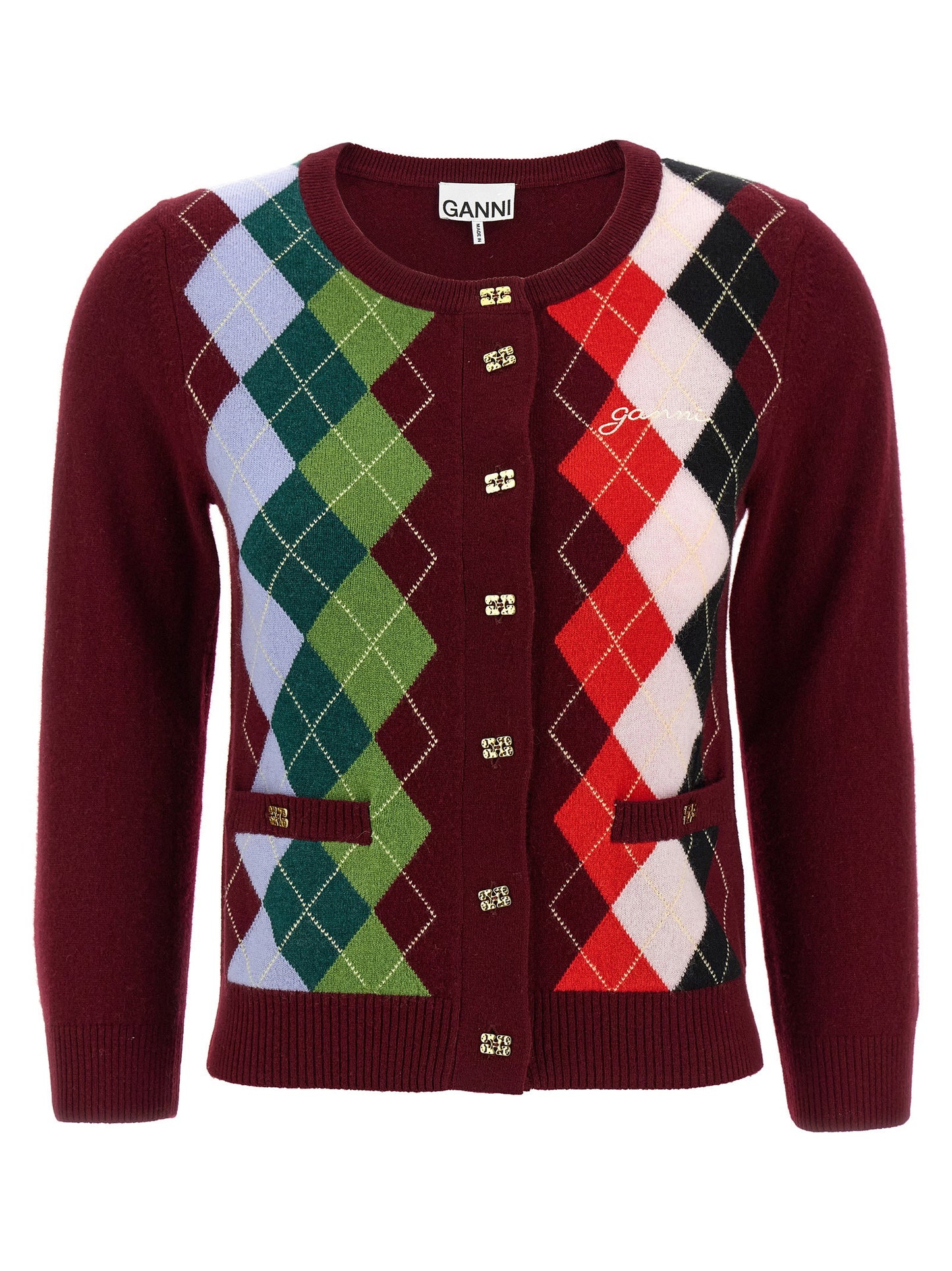 Ganni Burgundy Check Cardigan