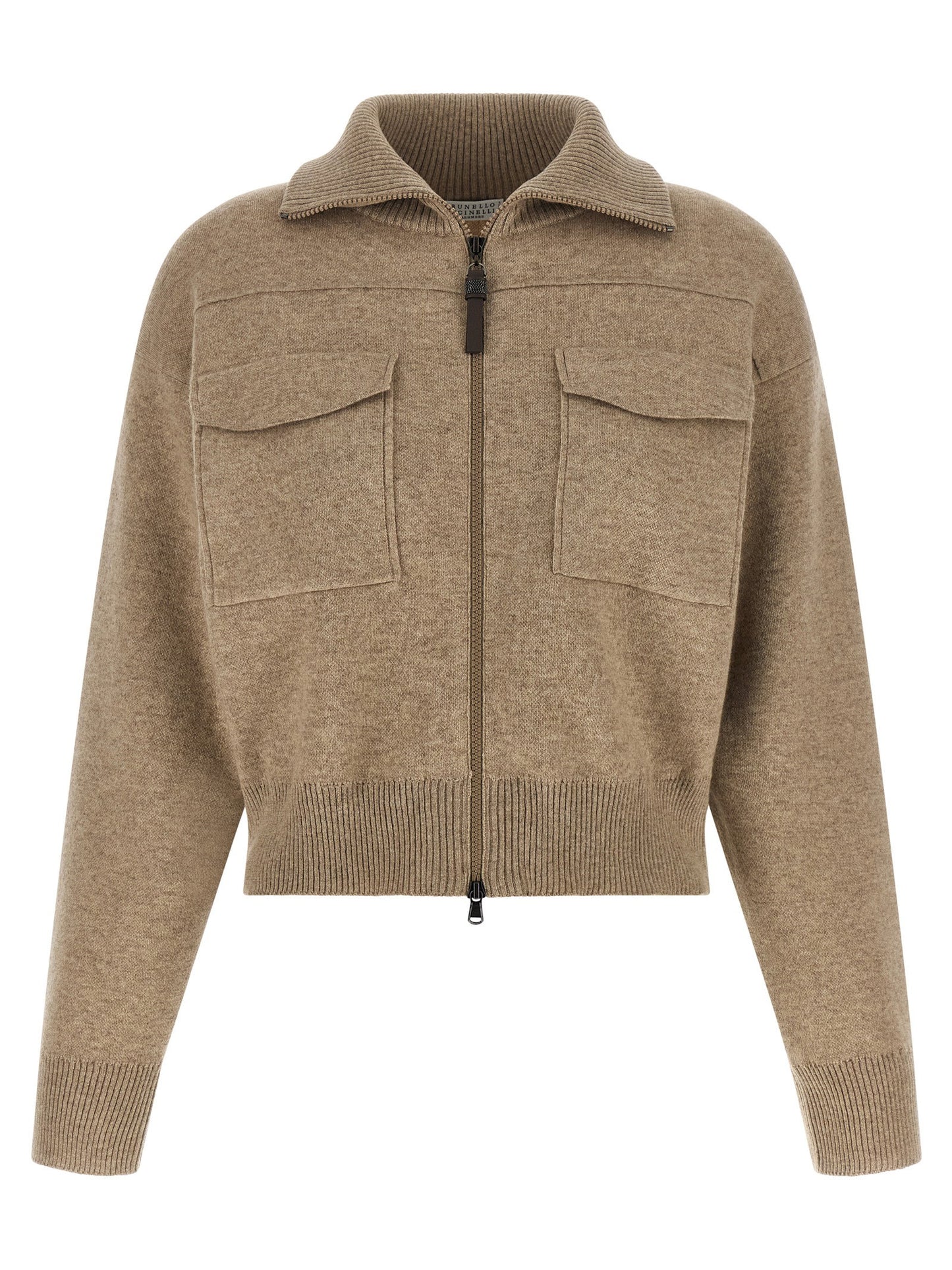 Brunello Cucinelli Shiny Zipper Pull Wool Cardigan