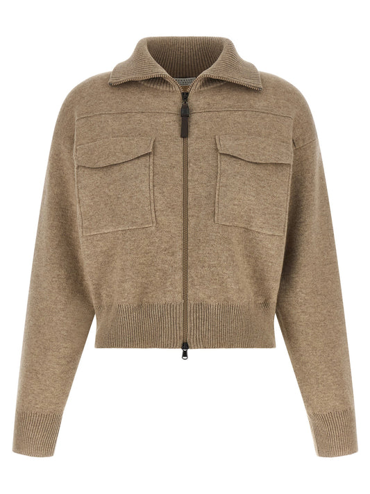 Brunello Cucinelli Shiny Zipper Pull Wool Cardigan