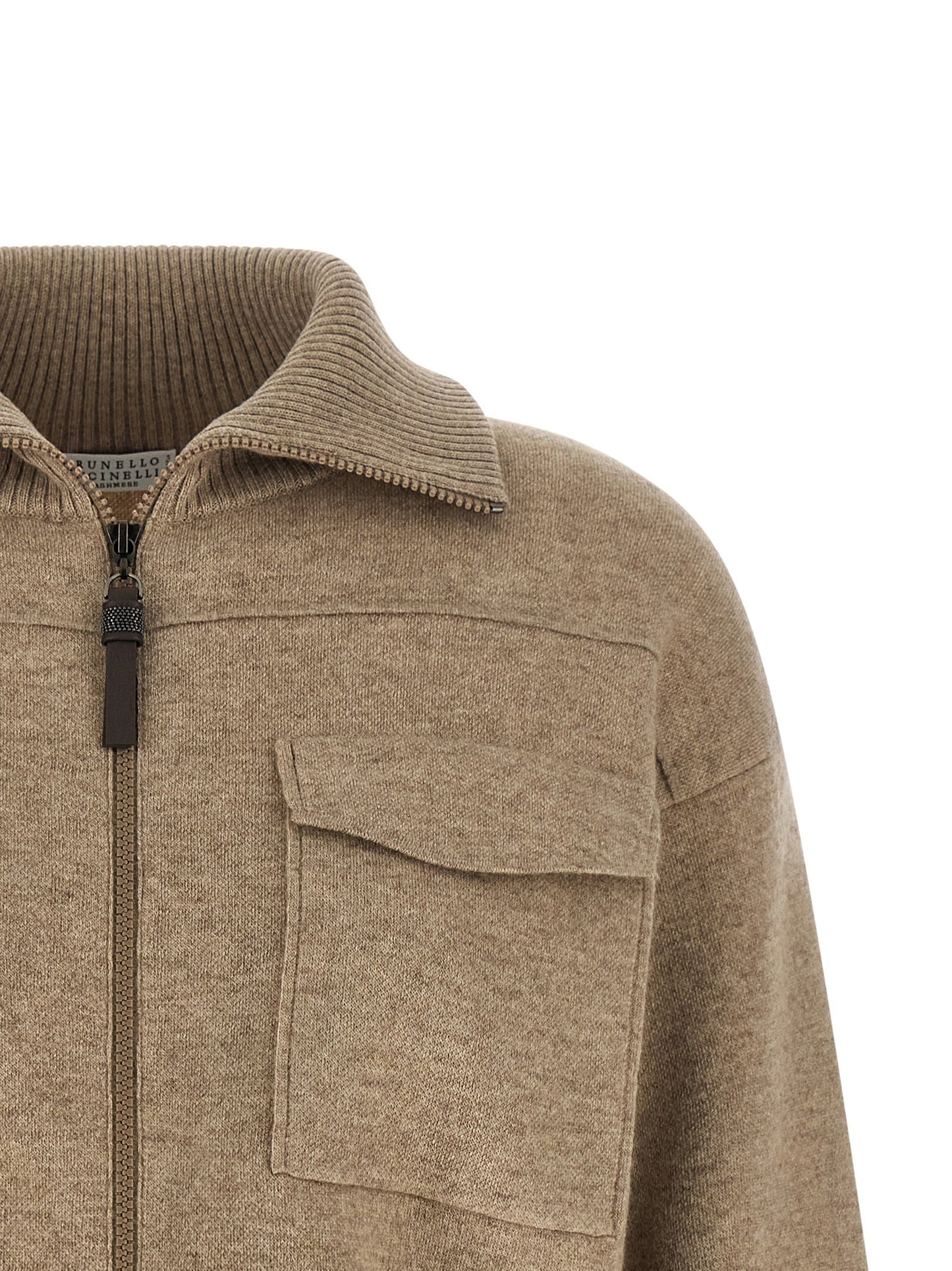 Brunello Cucinelli Shiny Zipper Pull Wool Cardigan