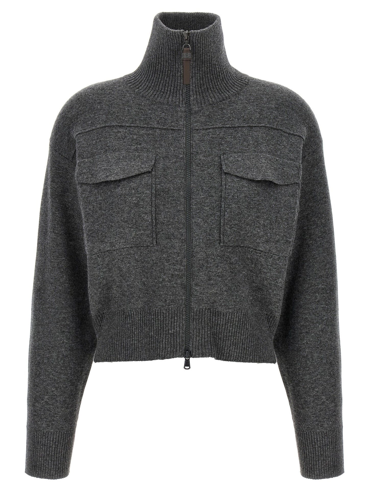 Brunello Cucinelli Shiny Zipper Pull Wool Cardigan