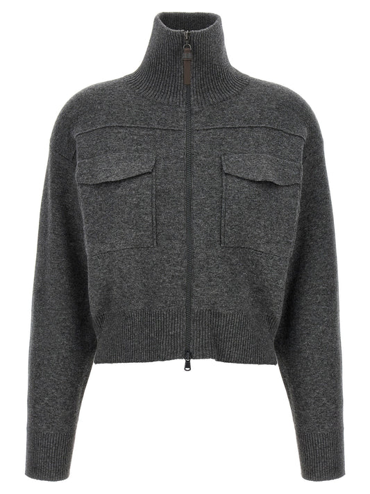 Brunello Cucinelli Shiny Zipper Pull Wool Cardigan