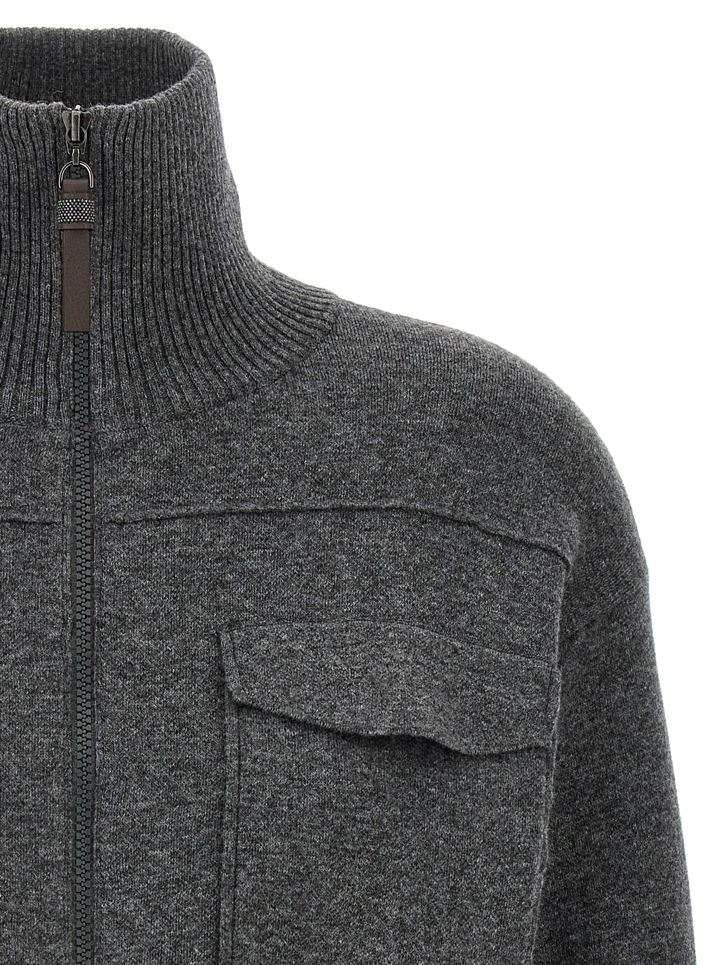 Brunello Cucinelli Shiny Zipper Pull Wool Cardigan