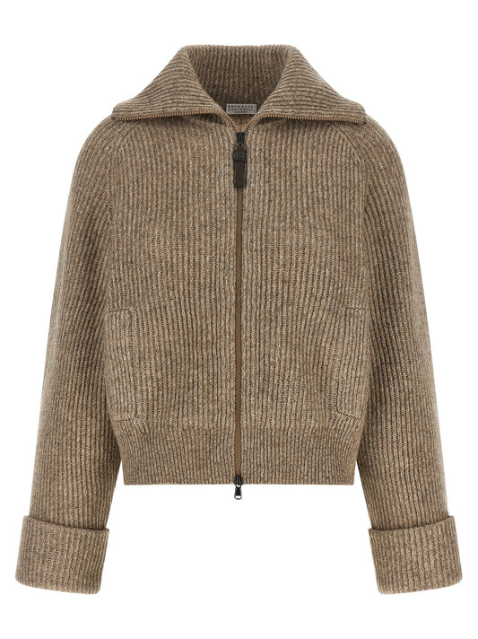 Brunello Cucinelli Shiny Zipper Pull Cardigan